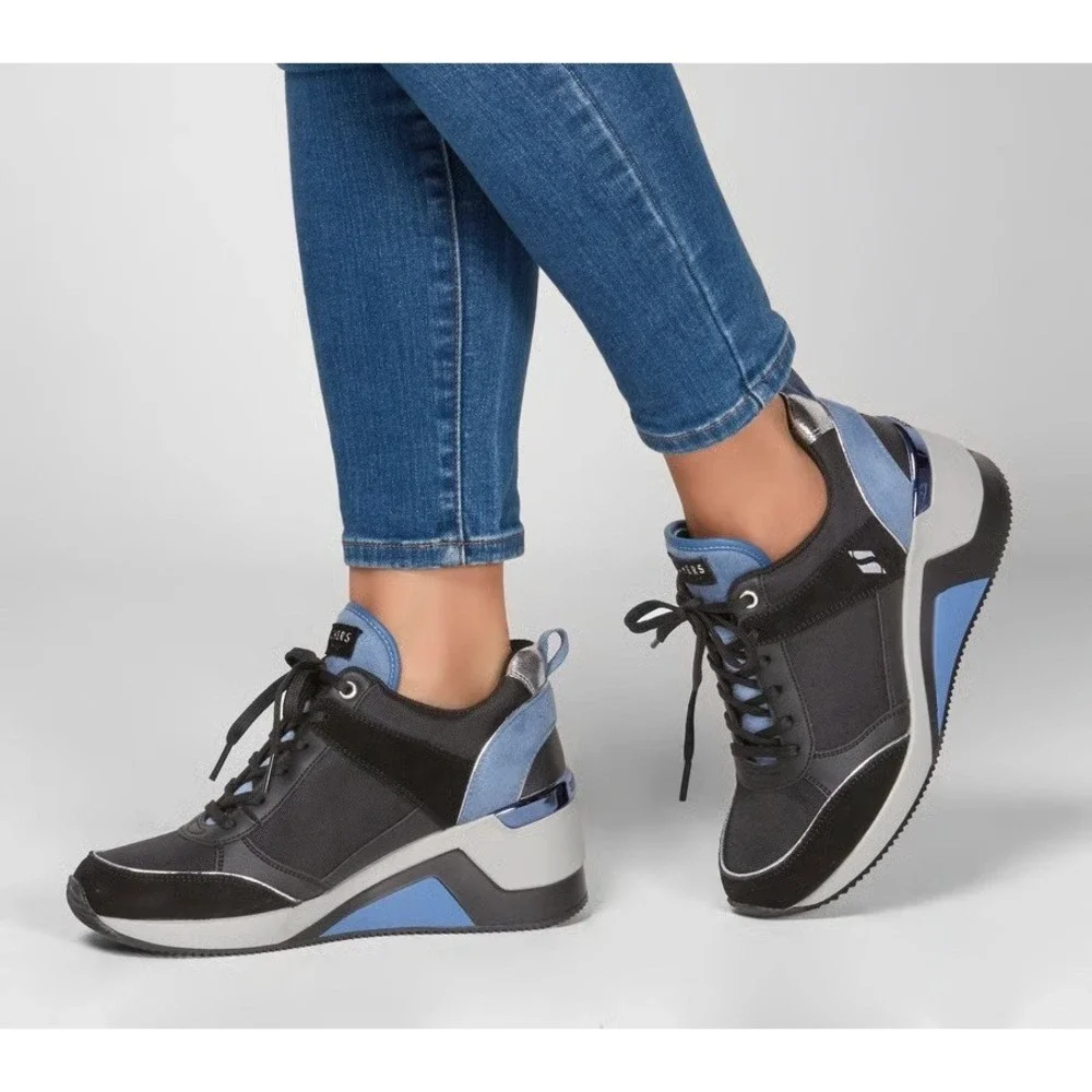 Skechers Million High N Fly Wedge Sneakers Women's Size 11 Black Blue Lace Shoes - Picture 1 of 15